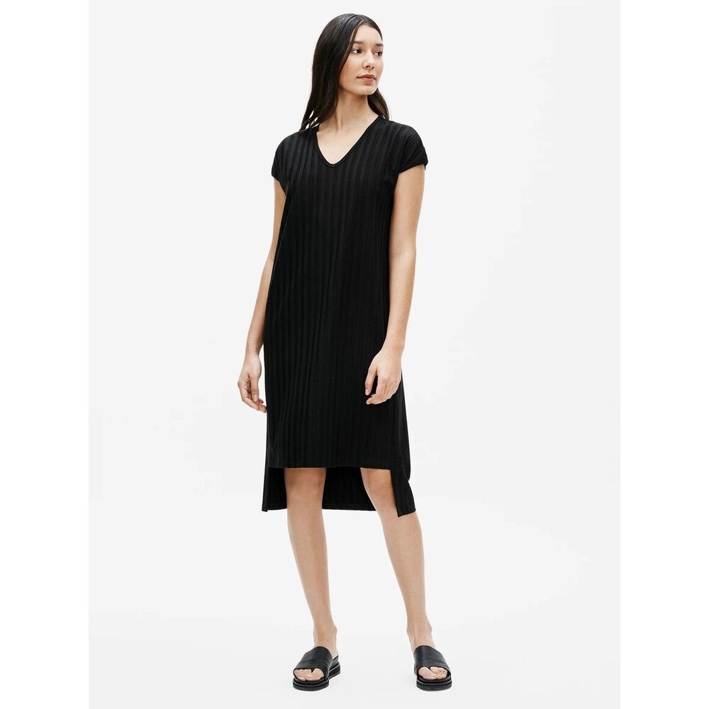 EILEEN FISHER Black Wide Rib Stretch V-Neck Dress Tencel Minimalist SIZE MEDIUM